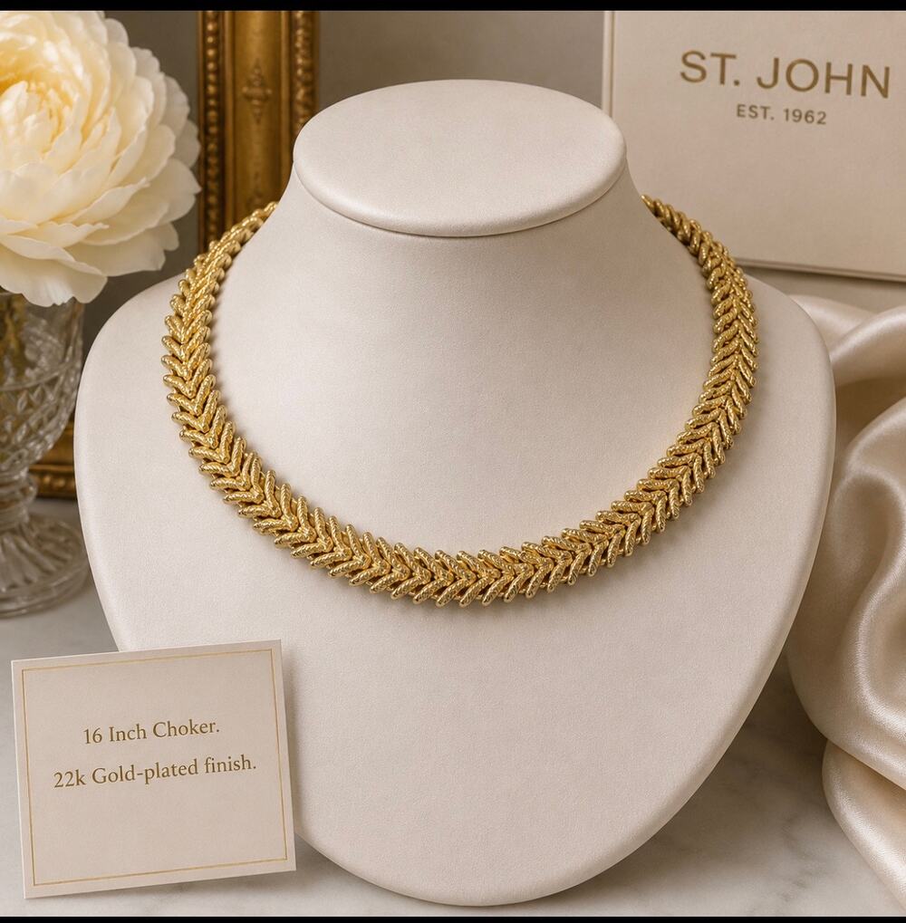 Vintage St. John 22k Gold Plated Chunky Chevron Choker Necklace SJ Logo